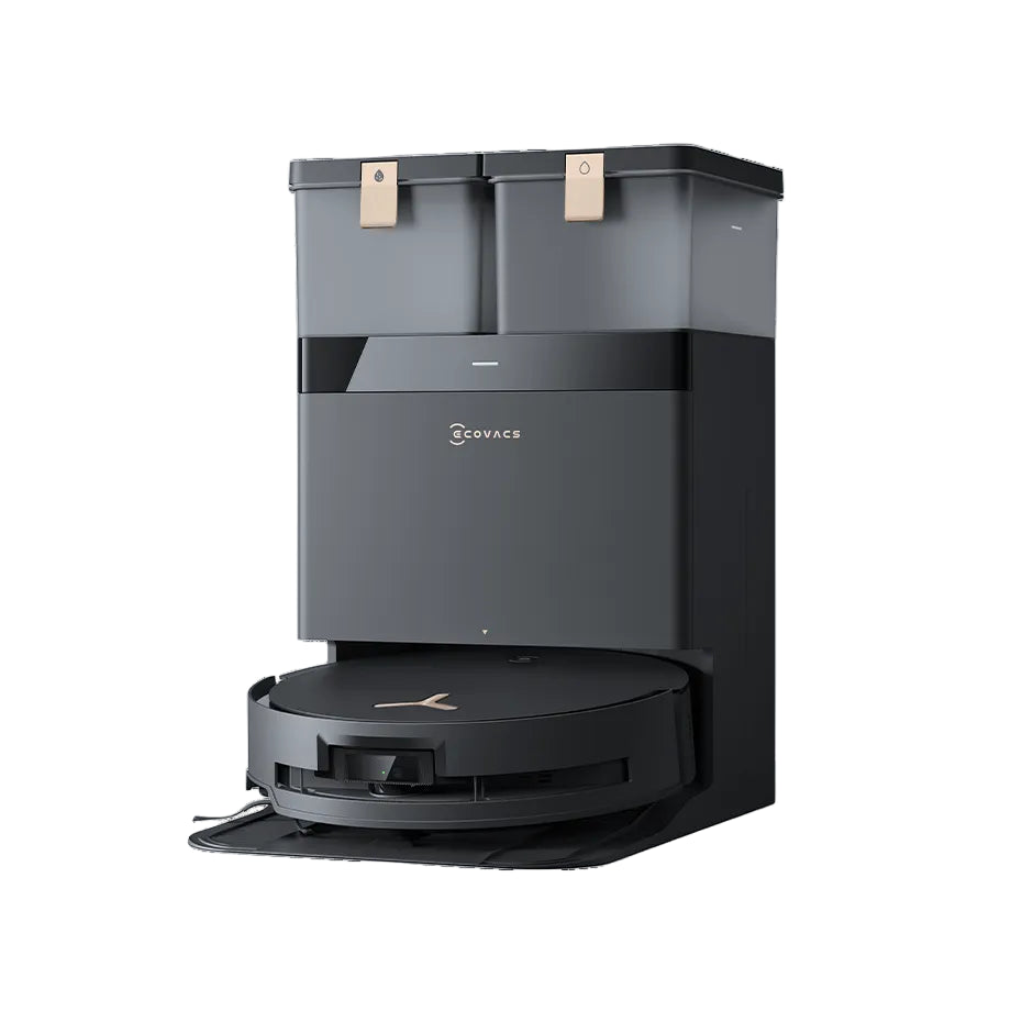 Robotic vacuum cleaner with a separate cleaning bin on a white background