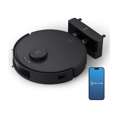 Robotic vacuum cleaner with a smartphone app on a white background