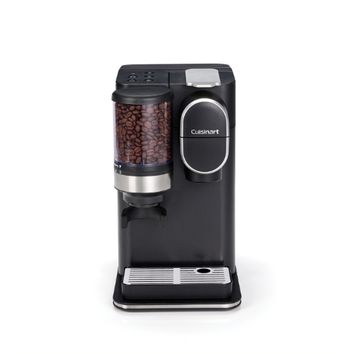 Cuisinart coffee grinder with coffee beans on a white background