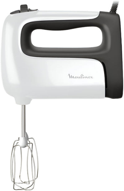 White hand mixer with black handle on a white background