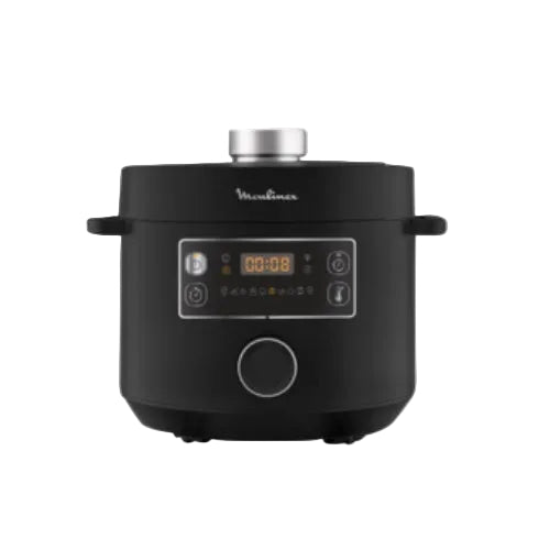 A black MOULINEX pressure cooker with a digital display and control buttons on the front.