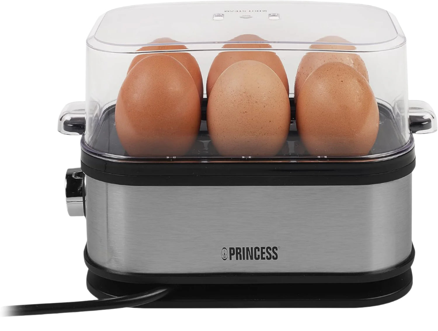 Egg cooker with eggs inside, brand 'Princess' visible