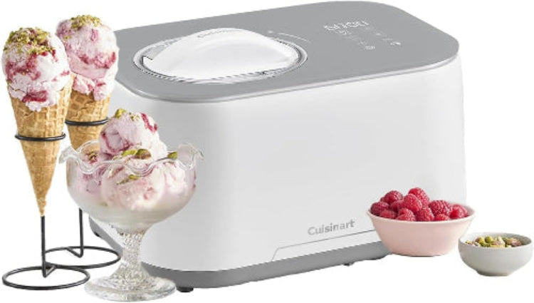 Cuisinart ice cream maker with ice cream cones and ingredients on a white background