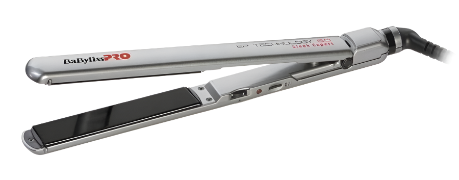 Silver hair straightener with visible branding on a white background