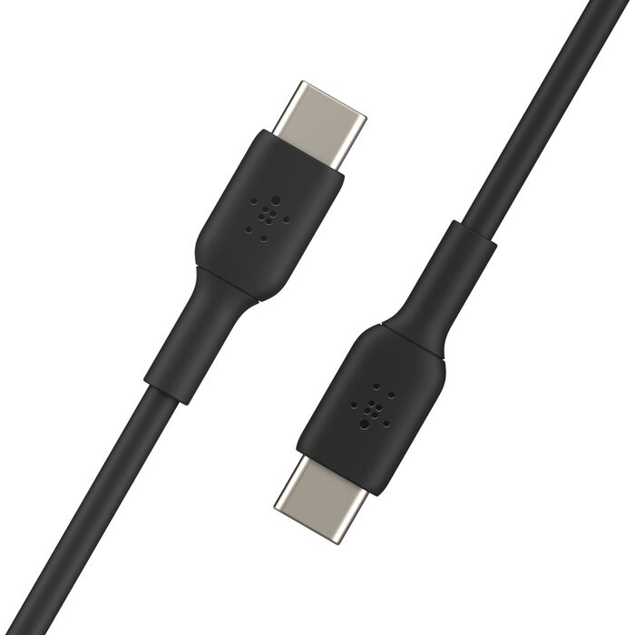 Black USB-C cable with metallic connectors on a white background