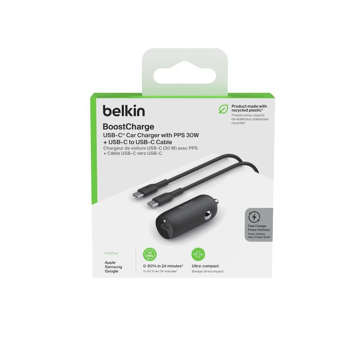 Belkin Boost Charge USB-C PD Car Charger 30Watts & 1Mm USB-C to USB-C Cable, Black
