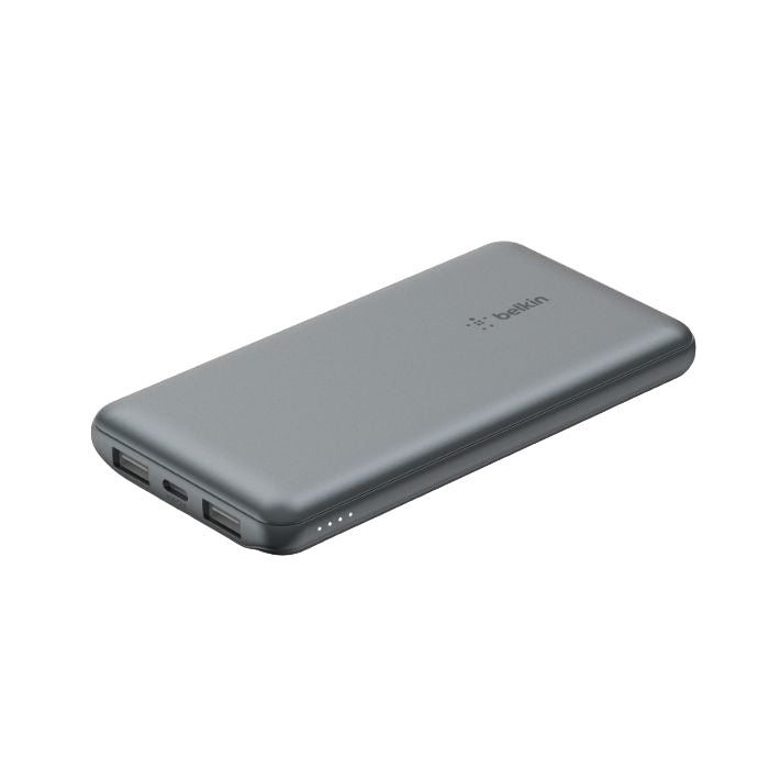 Gray Belkin power bank on a white background
