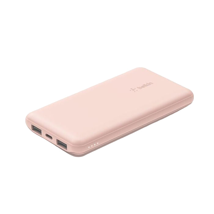 Pink power bank with a brand logo on a white background
