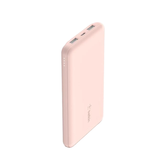 Pink power bank on a white background