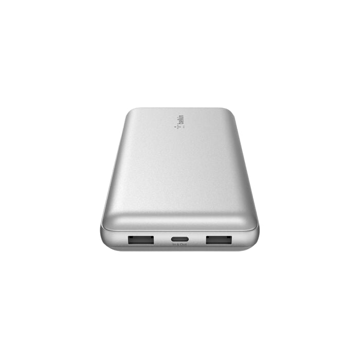Silver power bank on a white background