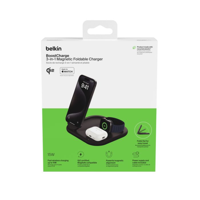 Belkin Boost Charge 3-in-1 Magnetic Charging Stand, Qi2 Fast Wireless Charging,15Watts