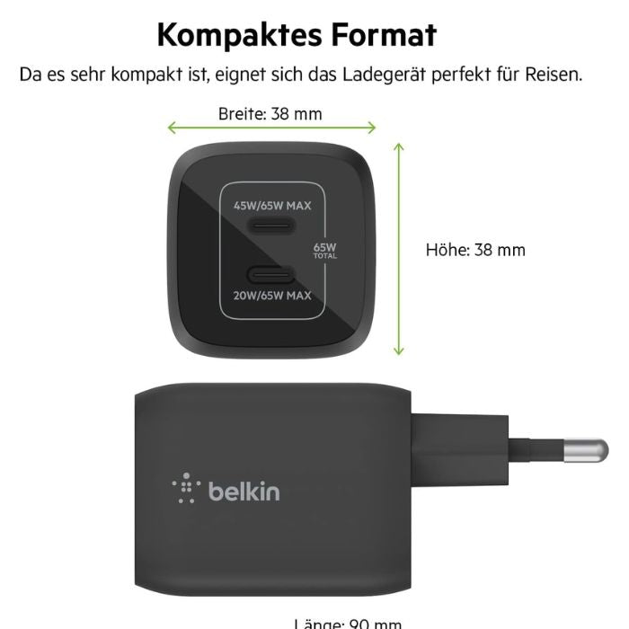 Belkin Boost Charge Pro Dual, USB-C PD GaN Fast Charger, 65Watts, Black