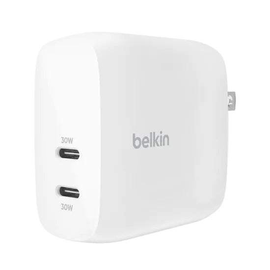 Belkin USB-C power adapter with two 30W ports on a white background