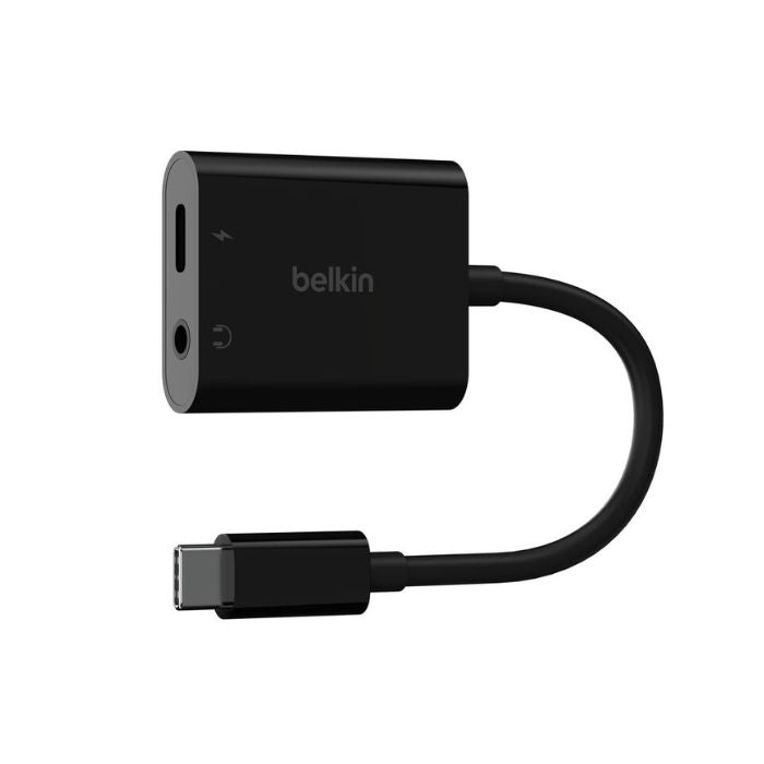 Black Belkin audio adapter with USB-C connector on a white background