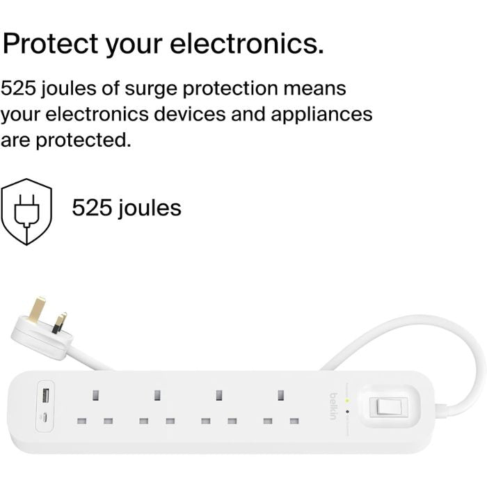 Belkin 4-outlet Surge Protector 18W, USB-A & USB-C Ports, 2M cord