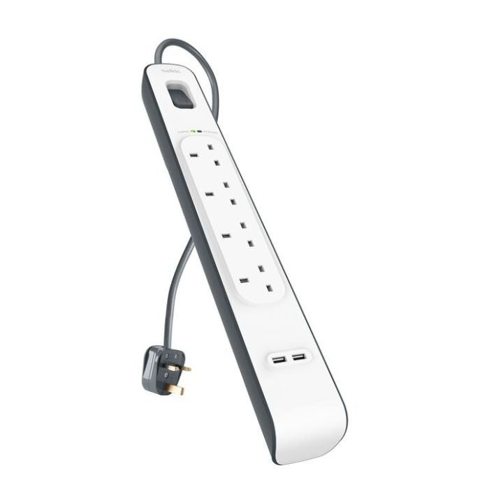Belkin 4-Outlet Surge Protection Strip with 2.4 Amp 2xUSB Charging, 2Mm, White