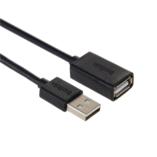 Black USB extension cable with Belkin branding on a white background