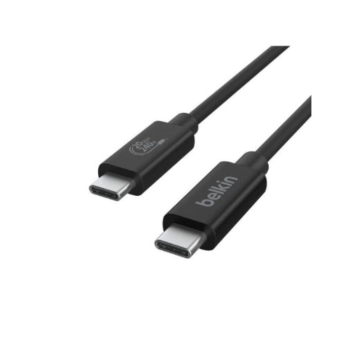 Black Belkin USB-C cable on a white background
