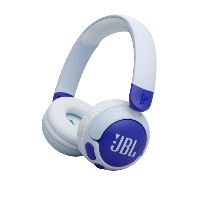 White and blue JBL headphones on a white background