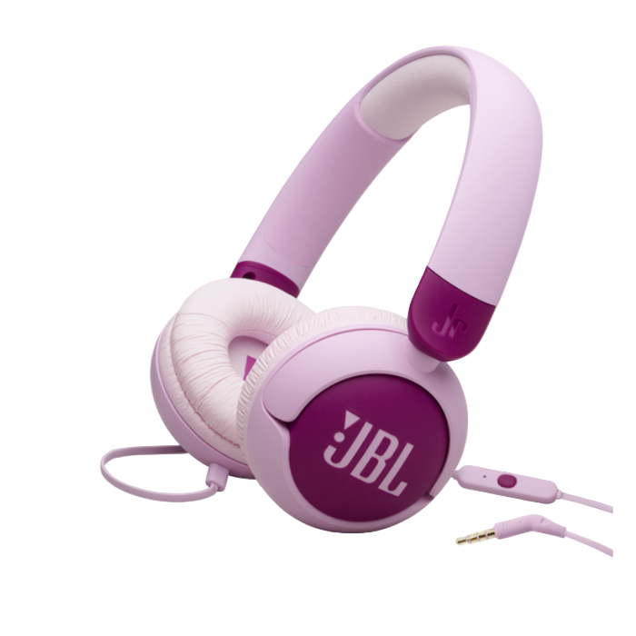 Pink and white JBL headphones on a white background