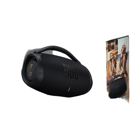 JBL Boombox 3+ speaker packaging on a white background