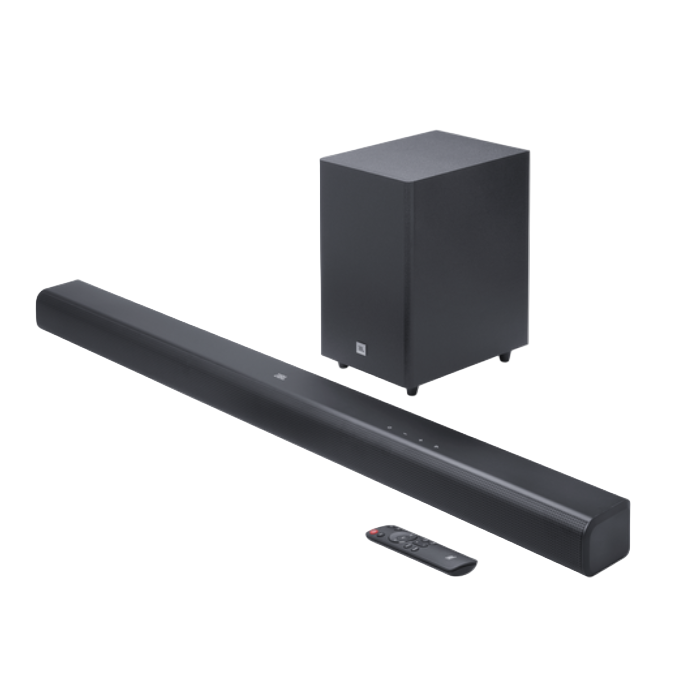 Black soundbar with subwoofer and remote control on a white background