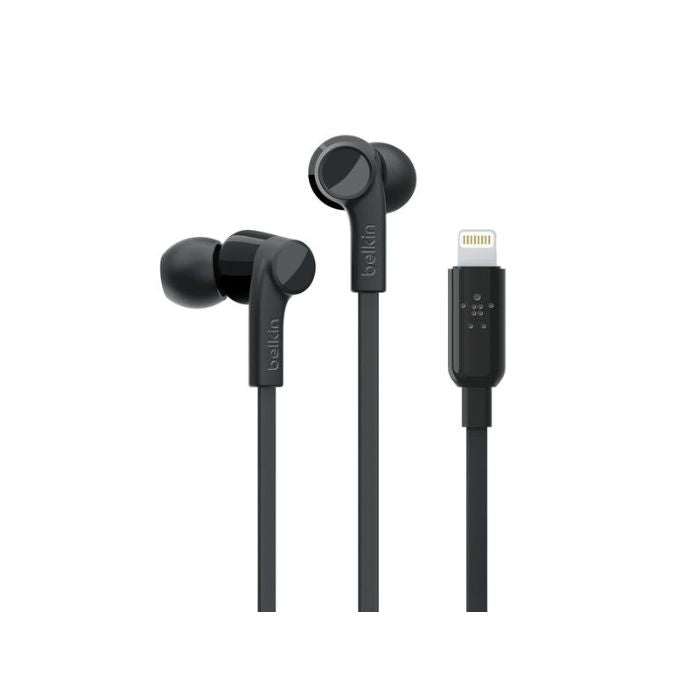 Black in-ear headphones with Lightning connector on a white background