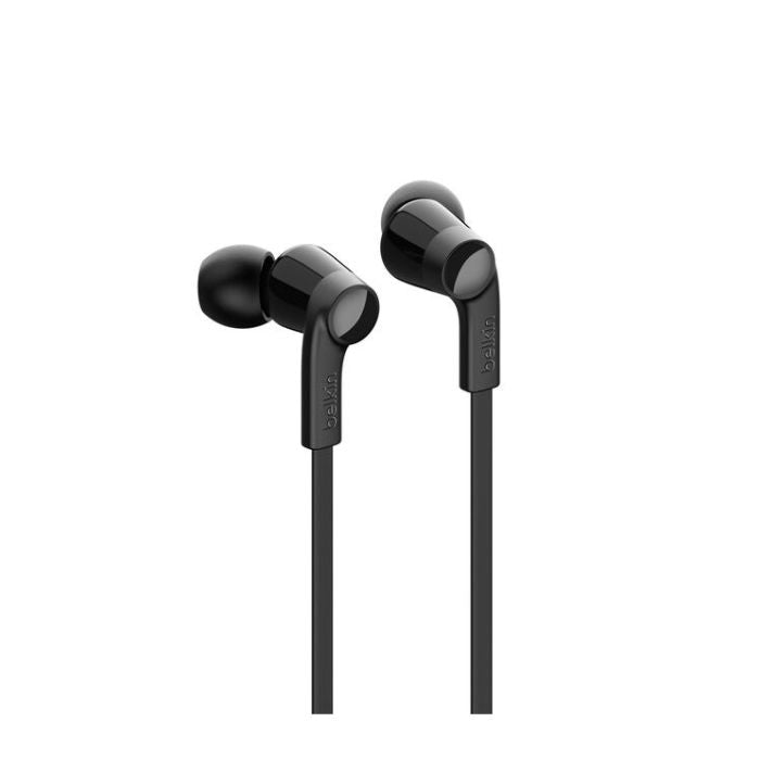 Black in-ear headphones on a white background