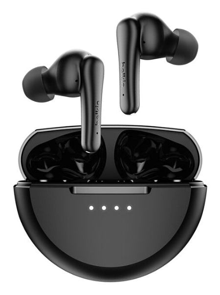 Black wireless earbuds with charging case on a white background