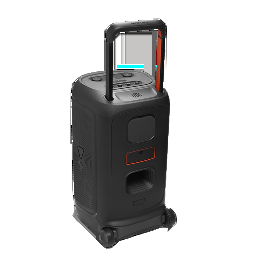 Black portable speaker with handle and wheels on a white background