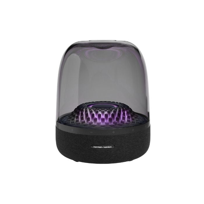 Black and purple speaker on a white background