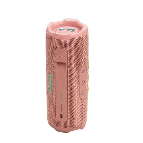 Pink portable speaker on a white background