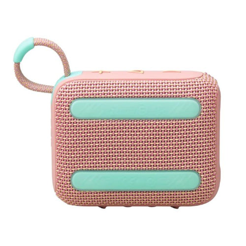 Pink and teal portable speaker on a white background