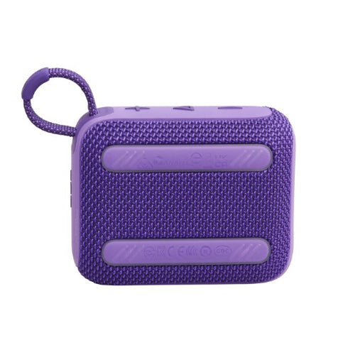 Purple portable speaker with a textured surface on a white background