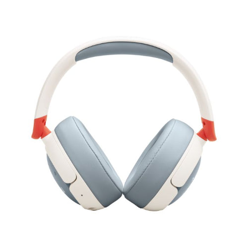 Pair of blue and white headphones with red accents on a white background