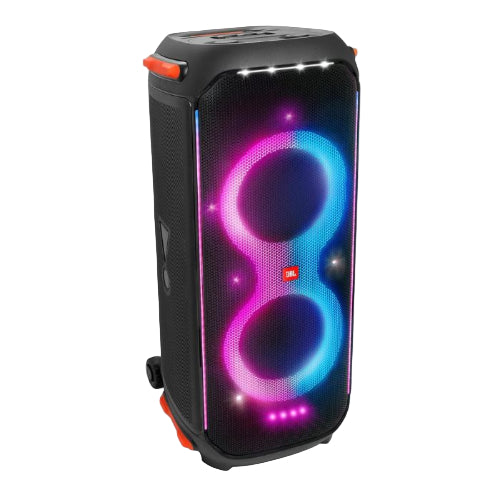 Portable party speaker with colorful LED lights on a white background