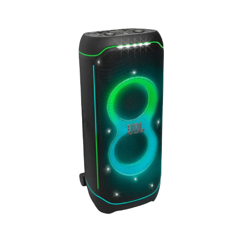 Black portable speaker with green lighting on a white background