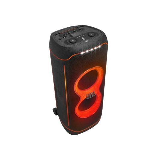 Black portable speaker with orange accents and JBL logo on a white background