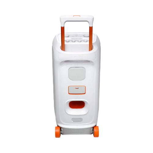 White and orange portable device with wheels on a white background