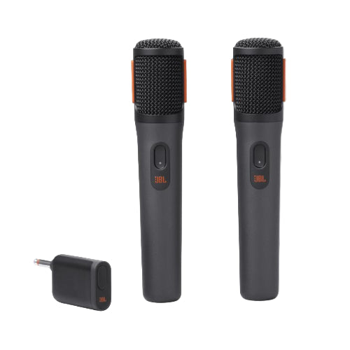 Two JBL microphones with a receiver on a white background