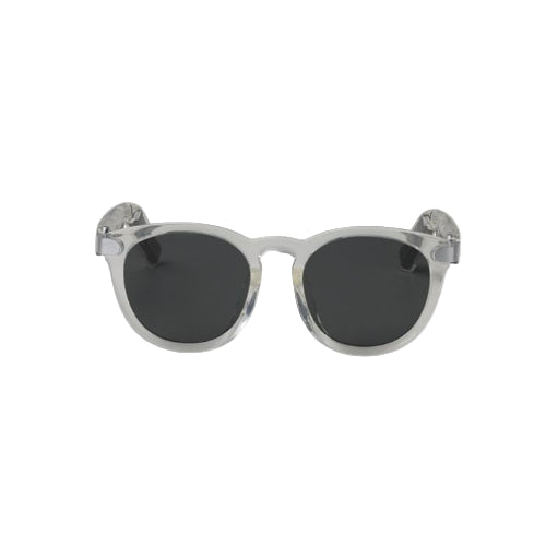 Clear frame sunglasses with dark lenses on a white background