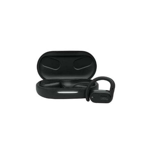 Black wireless earbuds with charging case on a white background