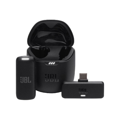 Black JBL electronic device with USB-C adapter on a white background