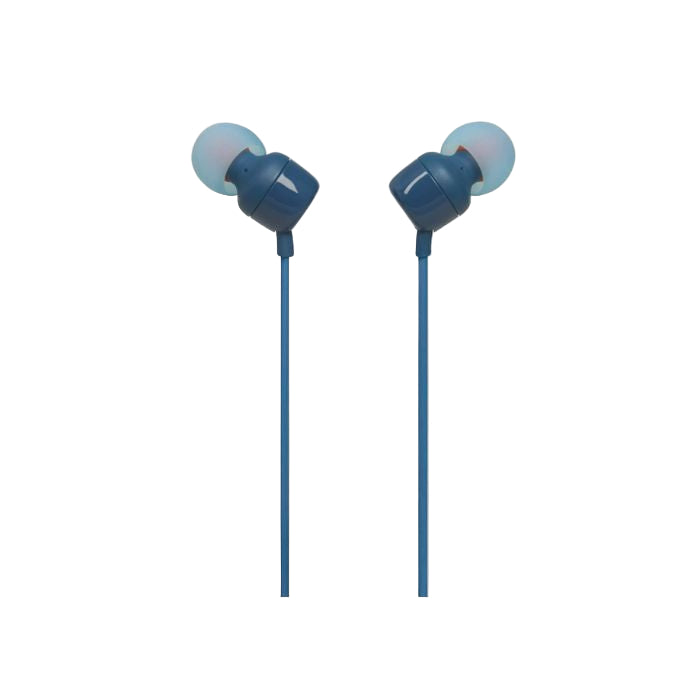 Blue in-ear headphones on a white background