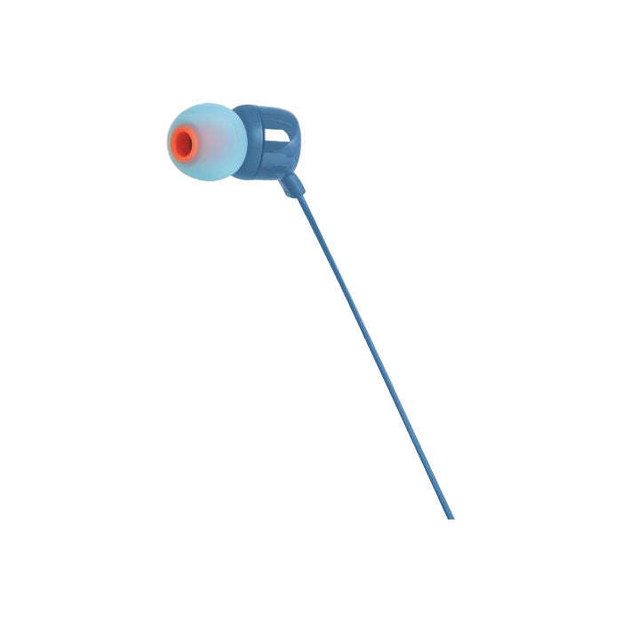 Blue earbud with a white and orange interior on a white background