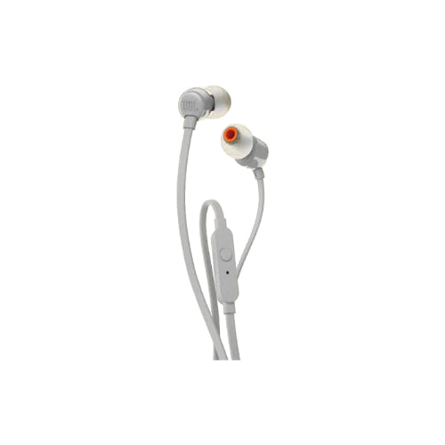 White earbuds with a gray cable on a white background