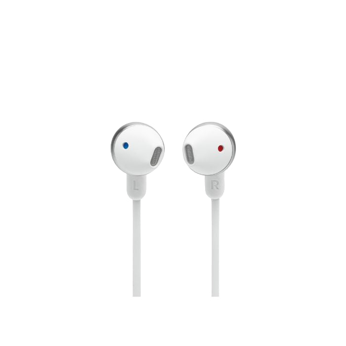 White earbuds with visible brand logo on a white background