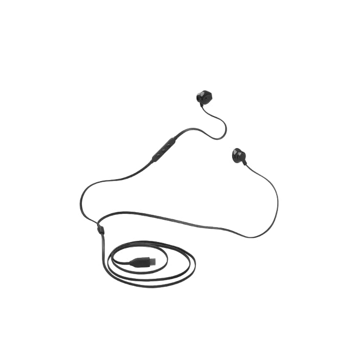 Black wireless earbud and charging case on a white background