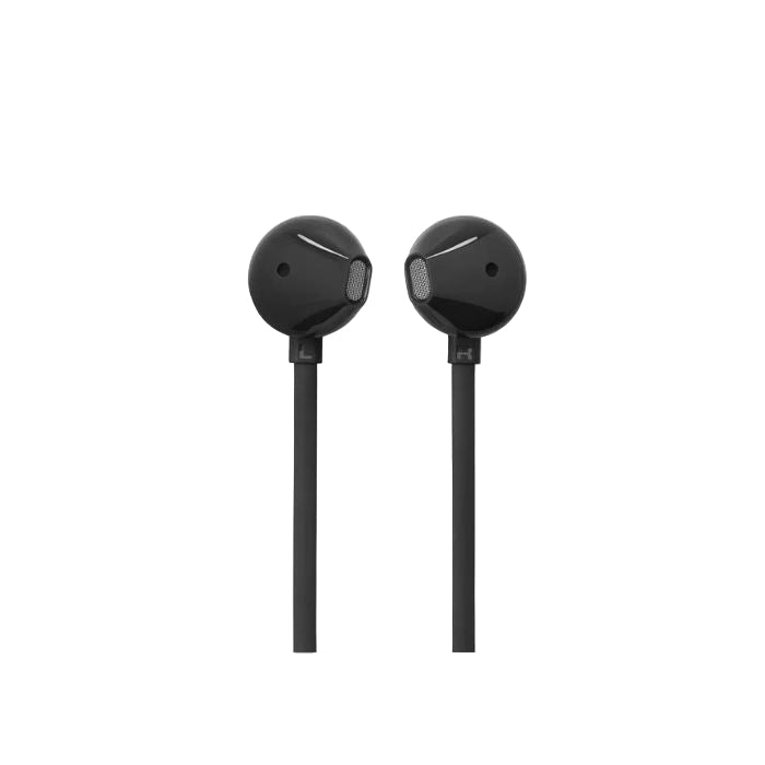 Black wireless earbuds on a white background