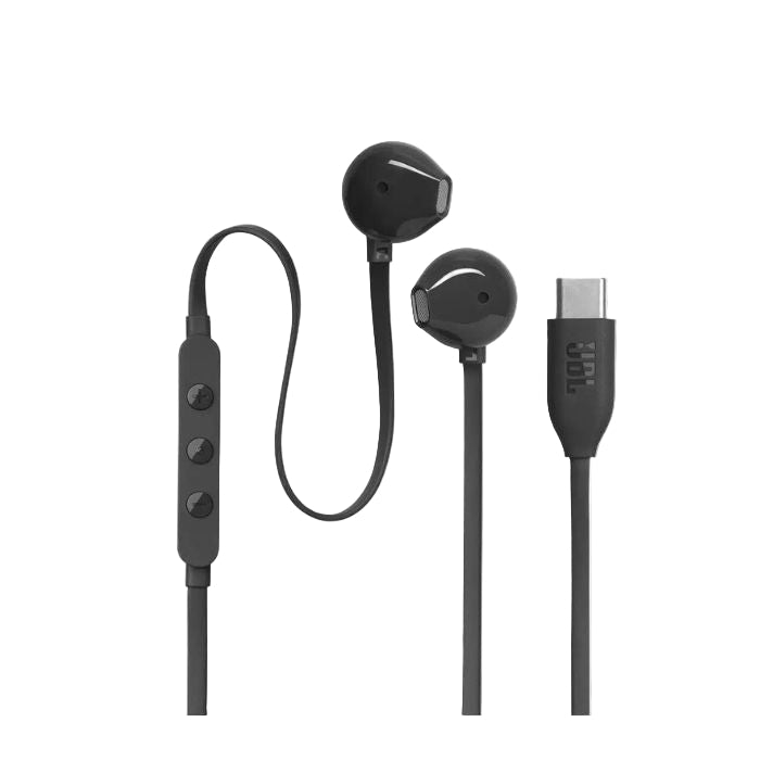 Black earbud headphones with control cable on a white background
